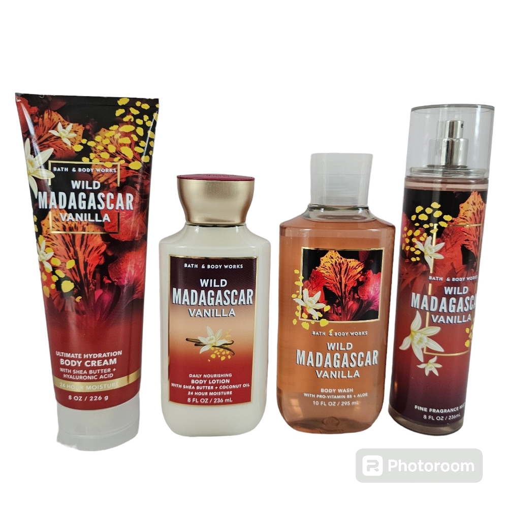 Bath and Body Works WILD MADAGASCAR VANILLA 4 Piece Set Mist Cream Lotion Wash